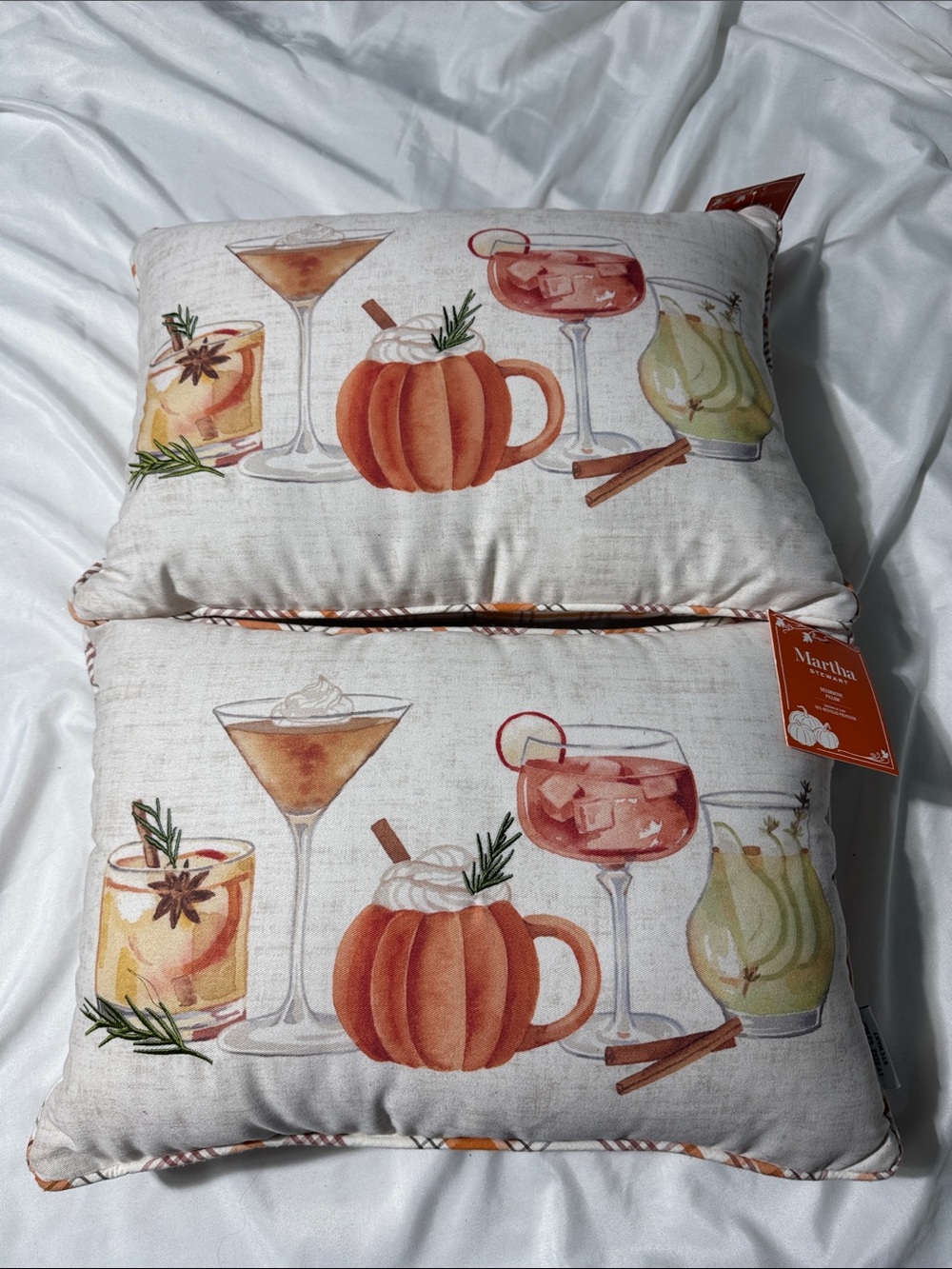Martha Stewart Set of 2 Fall Decorative Pillows Pumpkin Cocktails Plaid NWT
